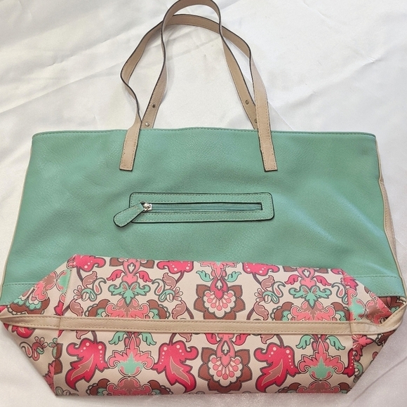 Ellen Tracy Faux Leather Tote Shoulder Bag Purse Turquoise With Floral Trim - Picture 4 of 13